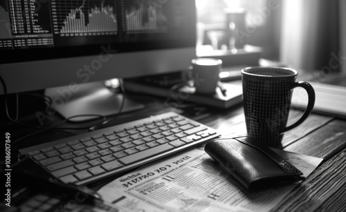 A Black and White Workspace with a Cup of Coffee