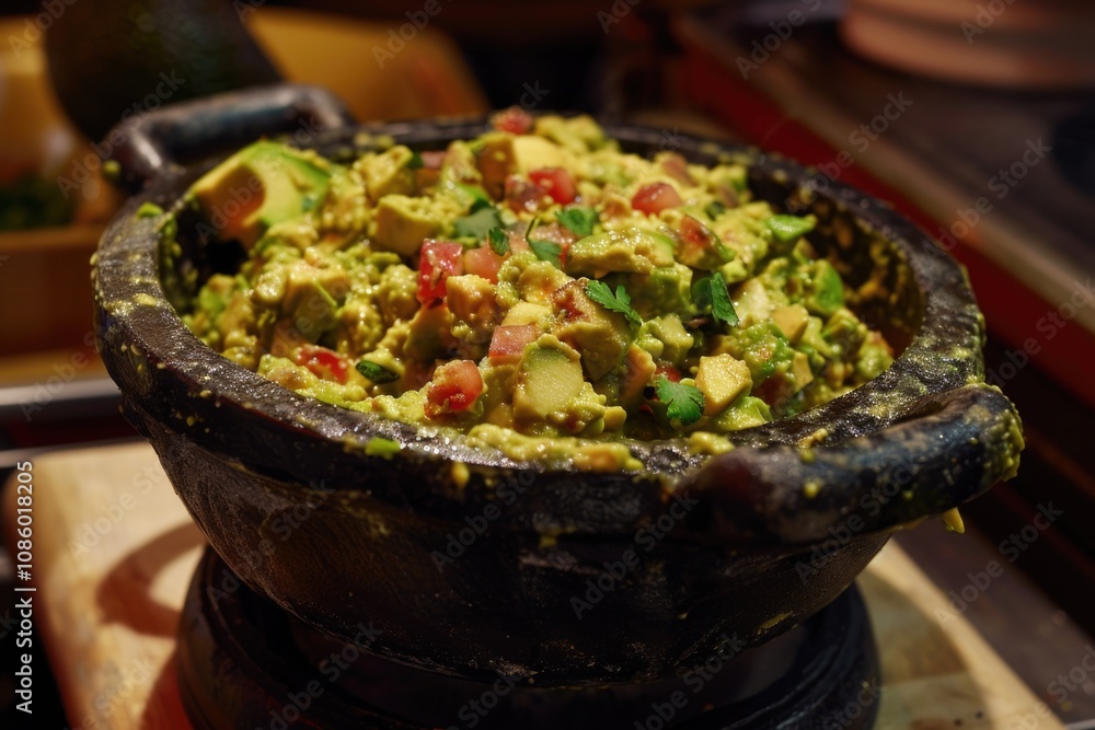 Freshly prepared guacamole served with a spoon, perfect for dipping or serving Freshly prepared guacamole served with a spoon, perfect for dipping or serving