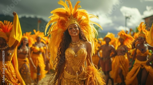 A gorgeous Brazilian woman in a yellow suit and smiling during a carnival through the streets of the city photo