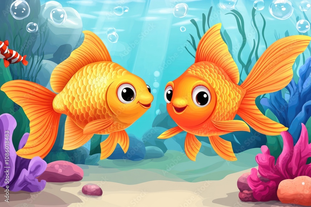 Fototapeta premium Two goldfish swimming together, likely in an aquarium