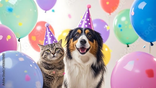 Happy cat and dog in party hats with balloons.