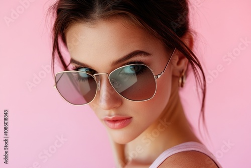 A woman posing with sunglasses on a pink background