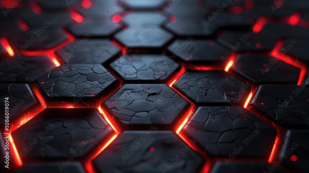 Abstract black hexagonal tiles illuminated with glowing red lights. Concept of technology, future, and cyberpunk. Abstract black hexagonal tiles illuminated with glowing red lights. Concept of technology, future, and cyberpunk.