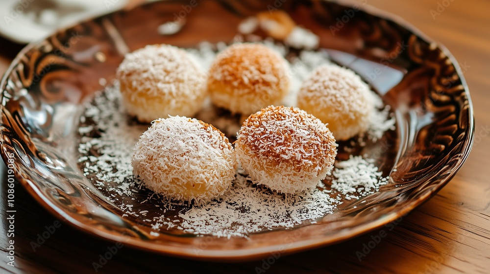 Delicious coconut sweets served on a decorative plate Delicious coconut sweets served on a decorative plate