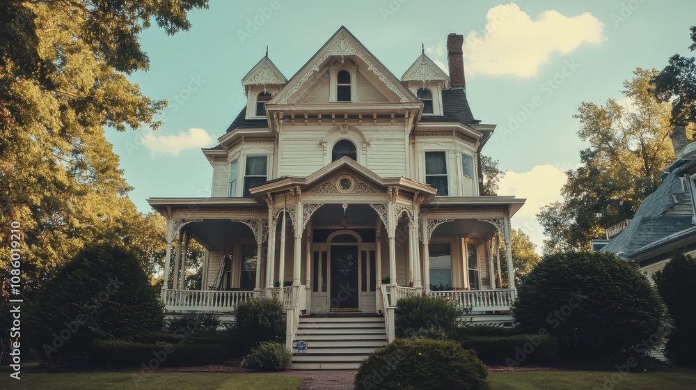 A Victorian-era home with ornate details and a wrap-around porch. A Victorian-era home with ornate details and a wrap-around porch.