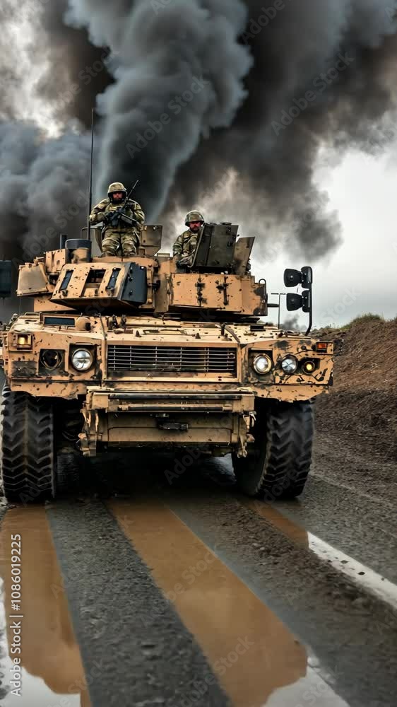 A tan military vehicle, heavily soiled with mud, moves along a wet, dark road A tan military vehicle, heavily soiled with mud, moves along a wet, dark road