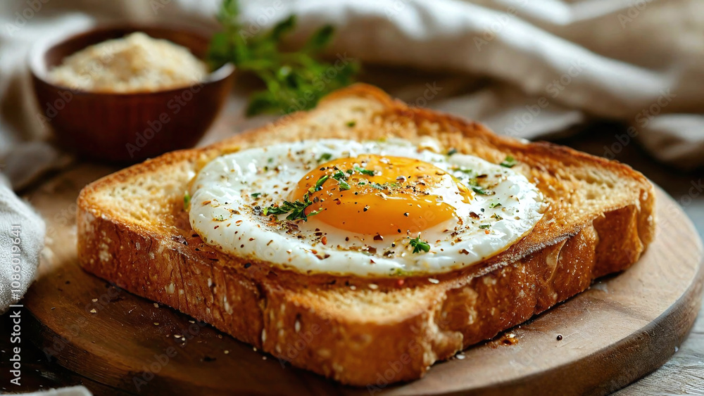 toasted slice of bread with fried eggs on it. The egg looks delicious, with a bright yolk and white, sprinkled with black pepper and herbs. The bread is browned and looks crispy toasted slice of bread with fried eggs on it. The egg looks delicious, with a bright yolk and white, sprinkled with black pepper and herbs. The bread is browned and looks crispy