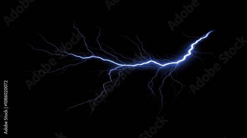 Lightning, electric thunderbolt strike of blue colour during night storm, impact, crack, magical energy flash. Thunderstorm flash on black background