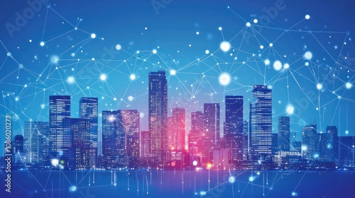 Technology city background. Building shapes  smart digital tech cityscape. Flow lines points network connect  futuristic recent vector banner