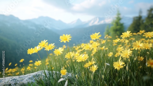 Yellow flowers on summer mountain slope. Pikuj Mountain, Carpathian, Ukraine. photo