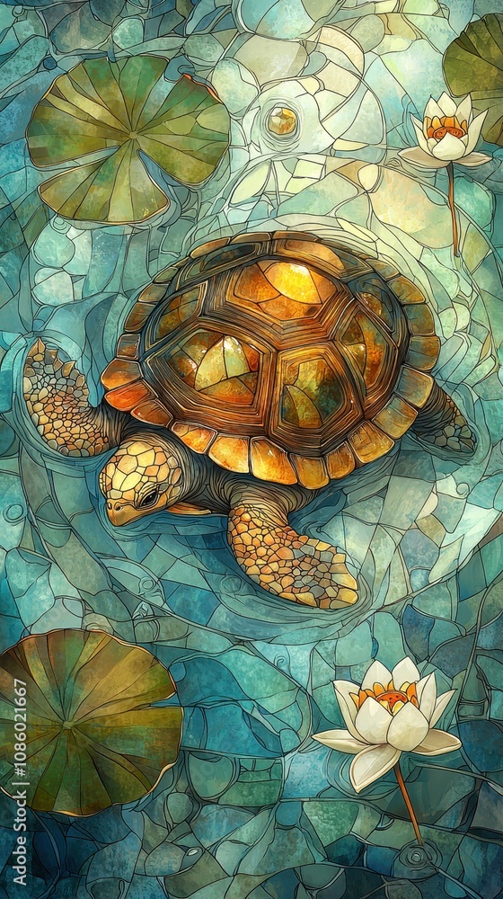 A vibrant mosaic depicting a turtle swimming among water lilies in a serene, colorful aquatic setting. A vibrant mosaic depicting a turtle swimming among water lilies in a serene, colorful aquatic setting.