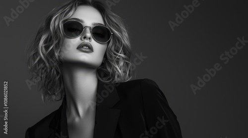 Sexy elegant black and white portrait of a young beautiful woman in a black deep V-neck jacket and dark sunglasses