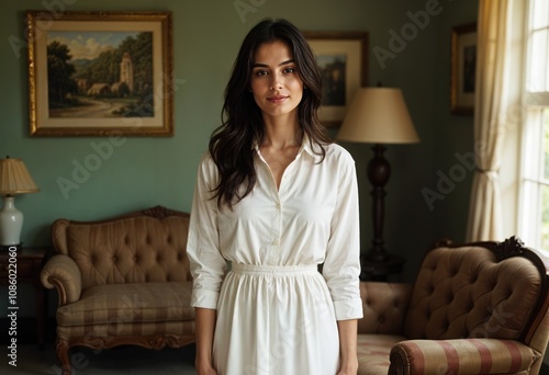 Classic Elegance – Young Woman in Casual White Dress with Natural Beauty, Relaxing in a Sophisticated Living Room Setting for Timeless Style, Portrait Photography for Lifestyle