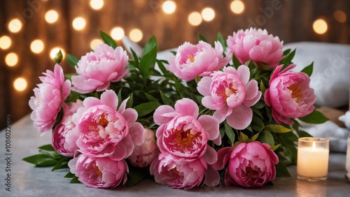 Fototapeta Naklejka Na Ścianę i Meble -  Valentine's day festive background A bouquet of pink peonies sits on a table with a candle in front of it