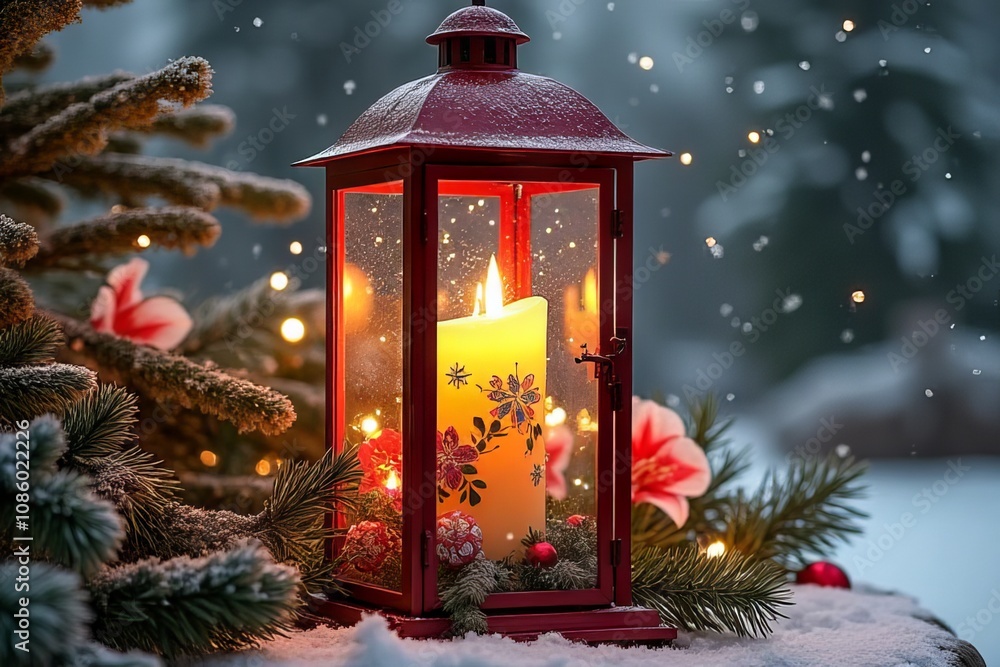 Enchanting Golden Lantern with Twinkling Fairy Lights and Festive Ornaments in Winter Wonderland Enchanting Golden Lantern with Twinkling Fairy Lights and Festive Ornaments in Winter Wonderland