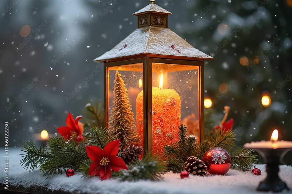 Enchanting Golden Lantern with Twinkling Fairy Lights and Festive Ornaments in Winter Wonderland Enchanting Golden Lantern with Twinkling Fairy Lights and Festive Ornaments in Winter Wonderland