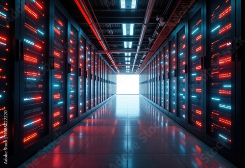 Futuristic Data Center Corridor – Advanced Server Racks Illuminated in Red and Blue Lights, High-Tech Networking Infrastructure Concept for Cloud Computing, AI Technology, and Digital Data Storage