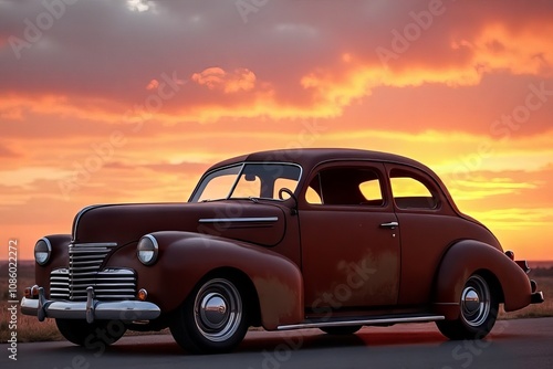 Vintage Coupe Silhouette Against Dramatic Sunset