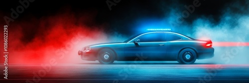 Police Car with Flashing Lights on the Road at Night