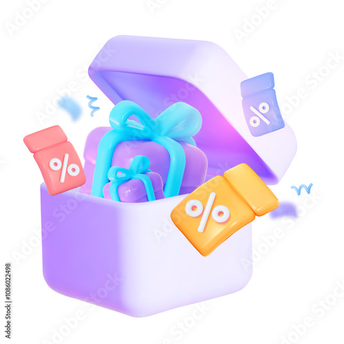 An open box with gifts and flying coupons.