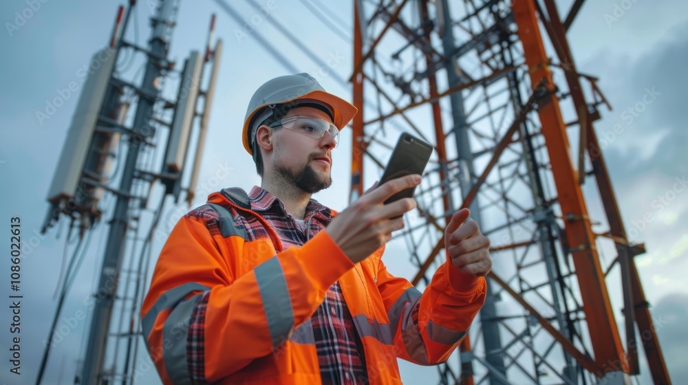 Telecommunications Engineer Inspecting a Cell Tower Telecommunications Engineer Inspecting a Cell Tower