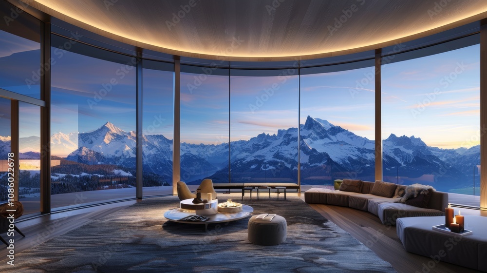 Fototapeta premium Stunning view from upscale swiss alps property showcasing cozy interior and majestic dusk landscape