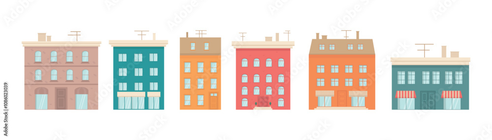 Set with houses exteriors front view with roof, doors and windows. Townhouse building apartment, residential town buildings architecture. Vector illustrations isolated on white background. Set with houses exteriors front view with roof, doors and windows. Townhouse building apartment, residential town buildings architecture. Vector illustrations isolated on white background.
