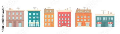 Set with houses exteriors front view with roof, doors and windows. Townhouse building apartment, residential town buildings architecture. Vector illustrations isolated on white background.