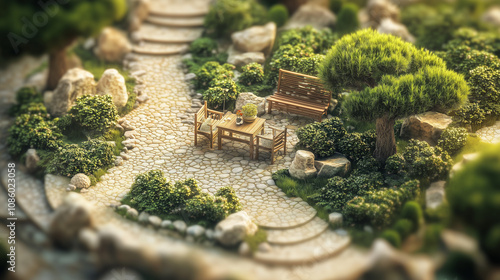 Small garden scene with miniature furniture and pebble paths photo