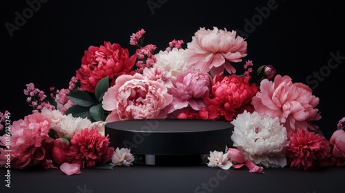 Fototapeta Naklejka Na Ścianę i Meble -  Modern aesthetic peony bloom floral podium abstract scene. Empty stage minimalistic boho design background. Stand product showcase.
