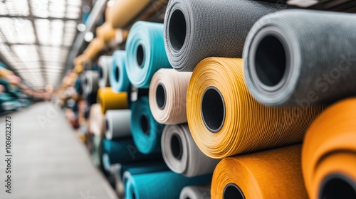 Rows of vibrant, stacked fabric rolls in a textile warehouse. Ideal for fashion designers, interior decorators, and textile enthusiasts seeking inspiration.