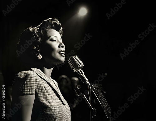 Woman in front of a microphone with her eyes closed performing a song in a dark environment