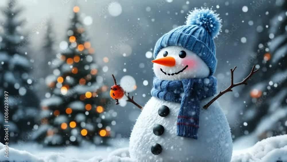 A snowman in a knitted hat and scarf stands against the background of a winter landscape covered with snow. Merry Christmas and happy New Year. Motion animation A snowman in a knitted hat and scarf stands against the background of a winter landscape covered with snow. Merry Christmas and happy New Year. Motion animation