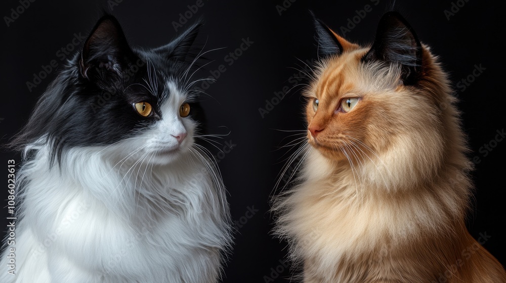Two cats with long fur, one black and one orange, are sitting next to each other Two cats with long fur, one black and one orange, are sitting next to each other