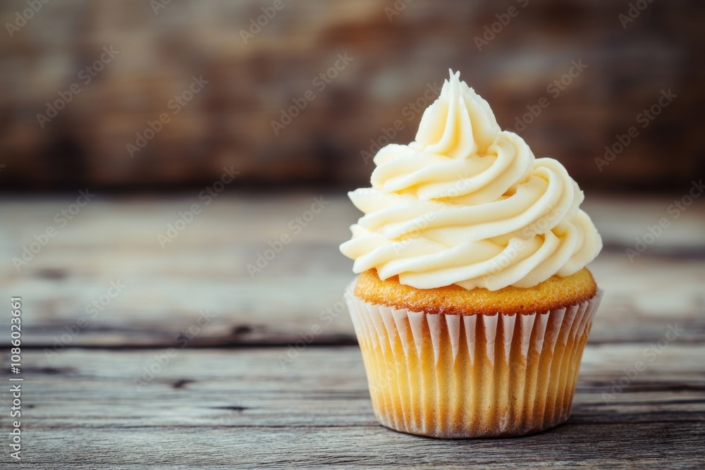 A cupcake with a white frosting swirl on top A cupcake with a white frosting swirl on top