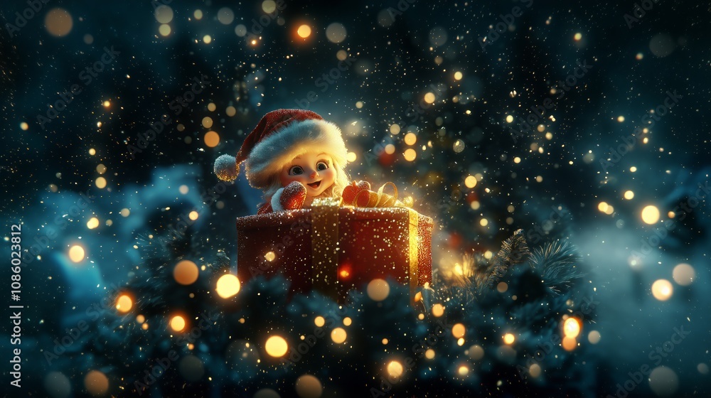 Fototapeta premium santa claus elf looks out from behind a christmas present, bight light, bohek - Generative AI