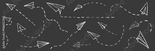 Hand drawing crayon paper airplanes set. Vector stock illustration isolated on black chalkboard background for design template business or education presentation, information banner, advertising sign.