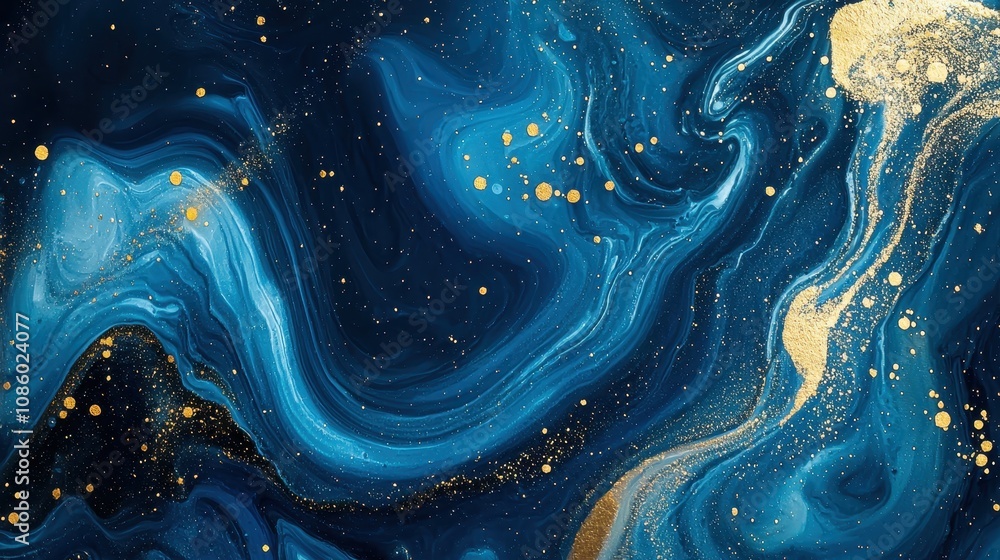 Obraz premium Abstract marbleized effect background with blue creative colors and gold paint