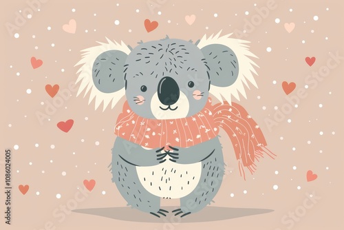 Cozy koala in scarf with hearts and snowflakes photo