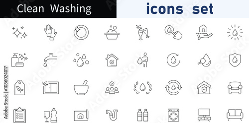 Cleaning and hygiene icons. Large set of cleaning and hygiene trendy minimal icons. Gloves, Spray Bottle, Sponge, Mop icon. Design signs for web page, mobile app, packaging design. Vector 