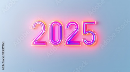 number "2025" in neon on a white background, soft pastel colors, minimalistic design, hyper-realistic photography, - Generative AI