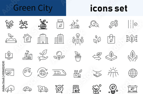  Line icons about green city. Sustainable development. Contains such icons as renewable energy, autonomous building, air and water quality. 