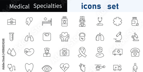 Medical and Healthcare web icons in line style. Medicine, check up, doctor, dentistry, pharmacy, lab, scientific discovery, collection. Vector illustration.