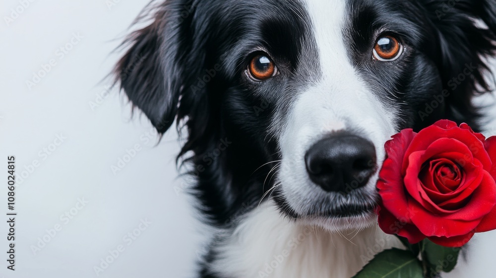 Fototapeta premium Cute pet in love with rose flower. Adorable domestic animal Valentine Banner with place for text. Greeting card floral concept design