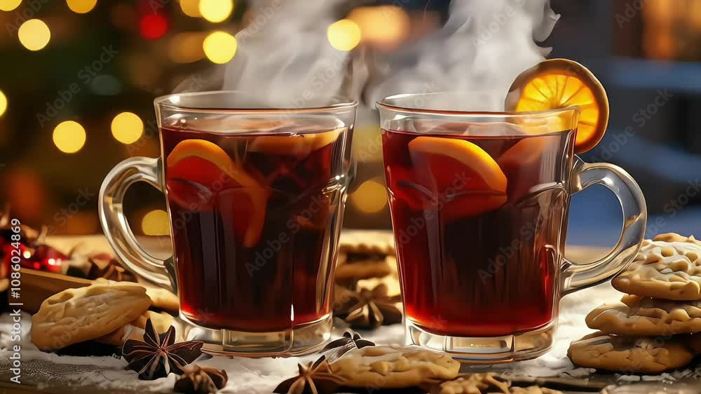 Two glasses with hot punch on the background of the Christmas market, Christmas celebration, Christmas background Two glasses with hot punch on the background of the Christmas market, Christmas celebration, Christmas background