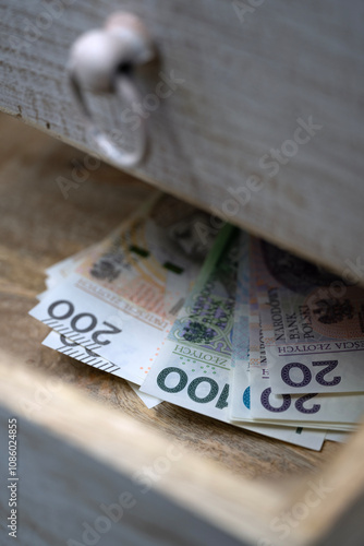 Polish zloty banknotes in a drawer, money closeup. Currency PLN. Concept for financial and business themes.