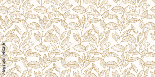 Golden leaves seamless pattern. Vector botanical ornament, floral texture with outline foliage silhouettes, branches. Simple modern minimal leaf background. Luxury gold and white repeatable design
