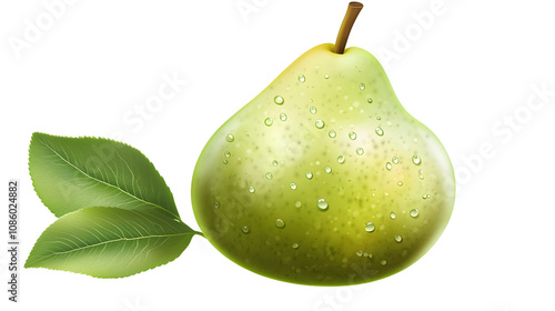 A perfectly shaped green pear with a smooth skin and single leaf, sitting on a pure png background, highly realistic photo