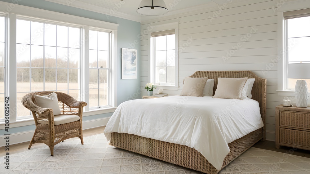 Fototapeta premium Cozy Farmhouse Bedroom with Wicker Furniture and Natural Light