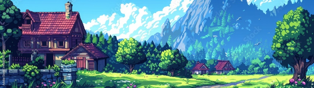 Fototapeta premium Countryside pixel art with a rustic house, trees, mountains, and clear sky. Digital landscape illustration. Generative AI